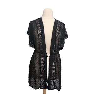 No Boundaries Beach Tie Front Kaftan Shirt Black Swiss Dot Large